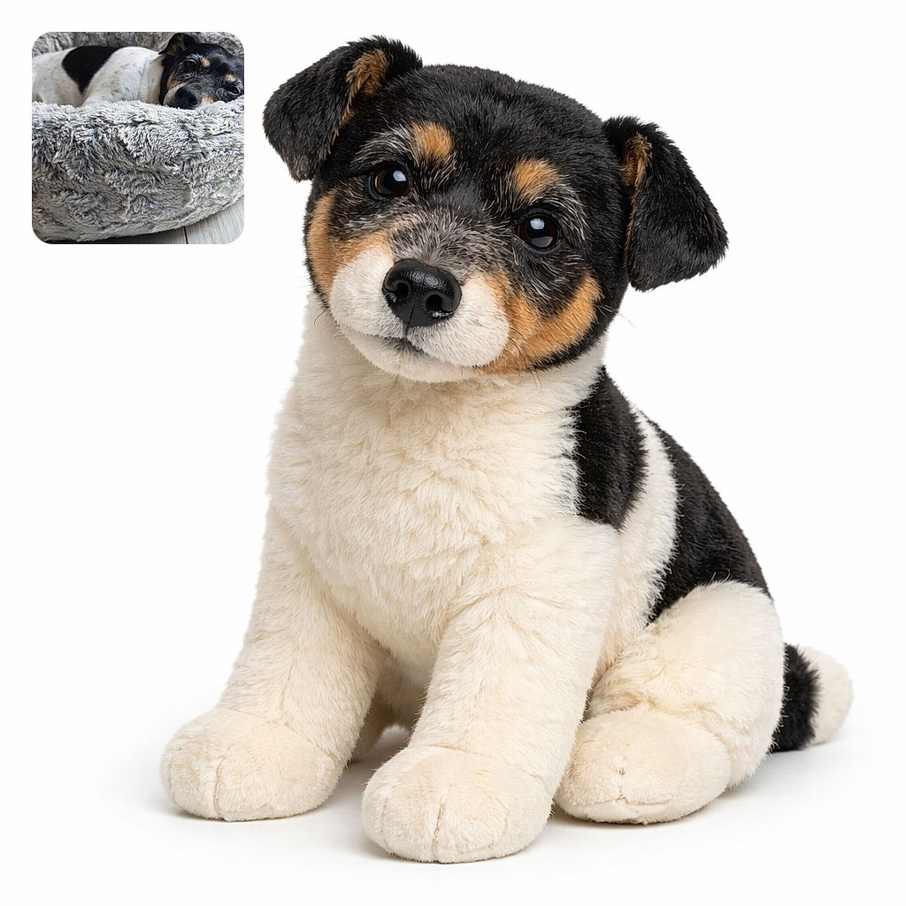 A small black-and-white dog is snuggled into a fluffy faux-fur bed with its nose and one sleepy eye peeking over the rim, looking like it asked for five more minutes of sleep. The plush texture of the bed fills the foreground while a wooden floor and a blurred background frame the cozy indoor scene.