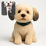 A fluffy cream-colored dog with a slightly blurred wagging tail looks up with big, curious eyes on a textured pavement background, capturing a moment of playful anticipation.