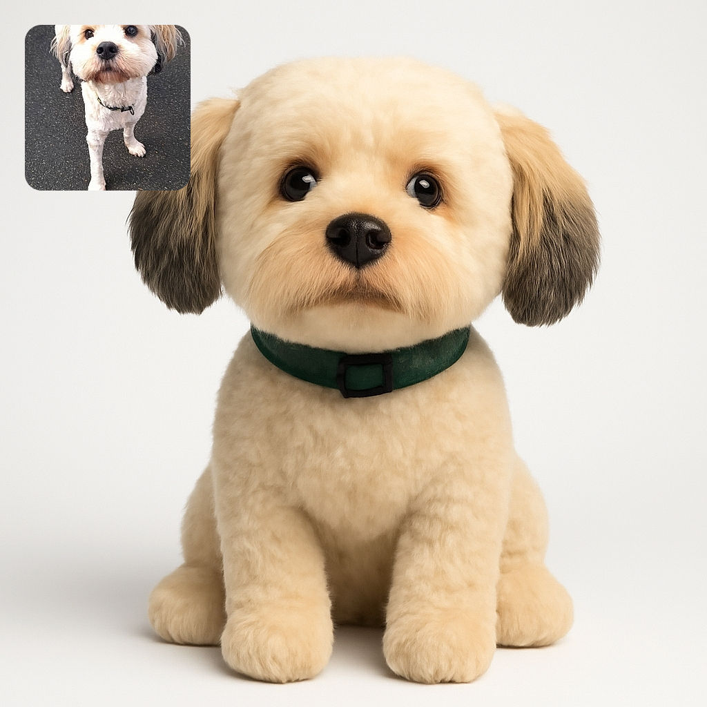 A fluffy cream-colored dog with a slightly blurred wagging tail looks up with big, curious eyes on a textured pavement background, capturing a moment of playful anticipation.