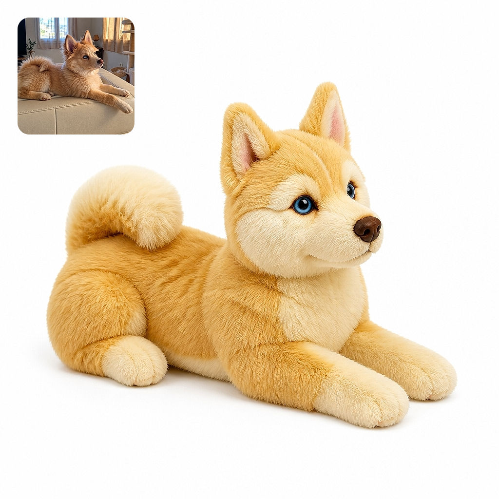 A fluffy, pointy-eared puppy lounges across a leather ottoman like a tiny fox-shaped aristocrat, stretching one paw dramatically while keeping watch over the sunlit living room. The cat tree stands nearby, apparently awaiting its furry tenant’s royal inspection.