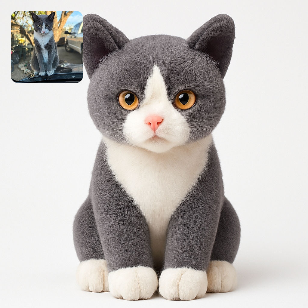 A dignified gray and white cat sits majestically on the hood of a car, staring intently through the windshield with a serious expression. The background shows a sunlit yard with trees and a parked vehicle, slightly blurred to keep the focus on the feline monarch.