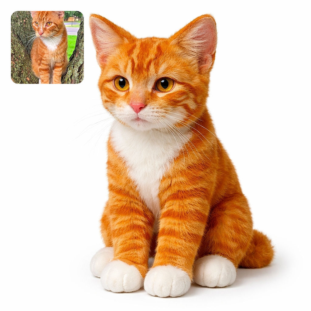 A charming orange tabby cat with striking amber eyes sits perched comfortably in the crook of a tree, blending natural textures of bark and moss with its soft fur. The background shows a peaceful park scene with green grass and distant trees, adding a serene outdoor vibe.