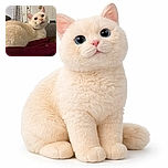 A fluffy cream-colored cat is lounging on a couch, looking curiously at the camera with wide eyes. The cozy indoor setting features a patterned curtain, a door in the background, and a maroon fabric in the foreground adding warmth to the scene.