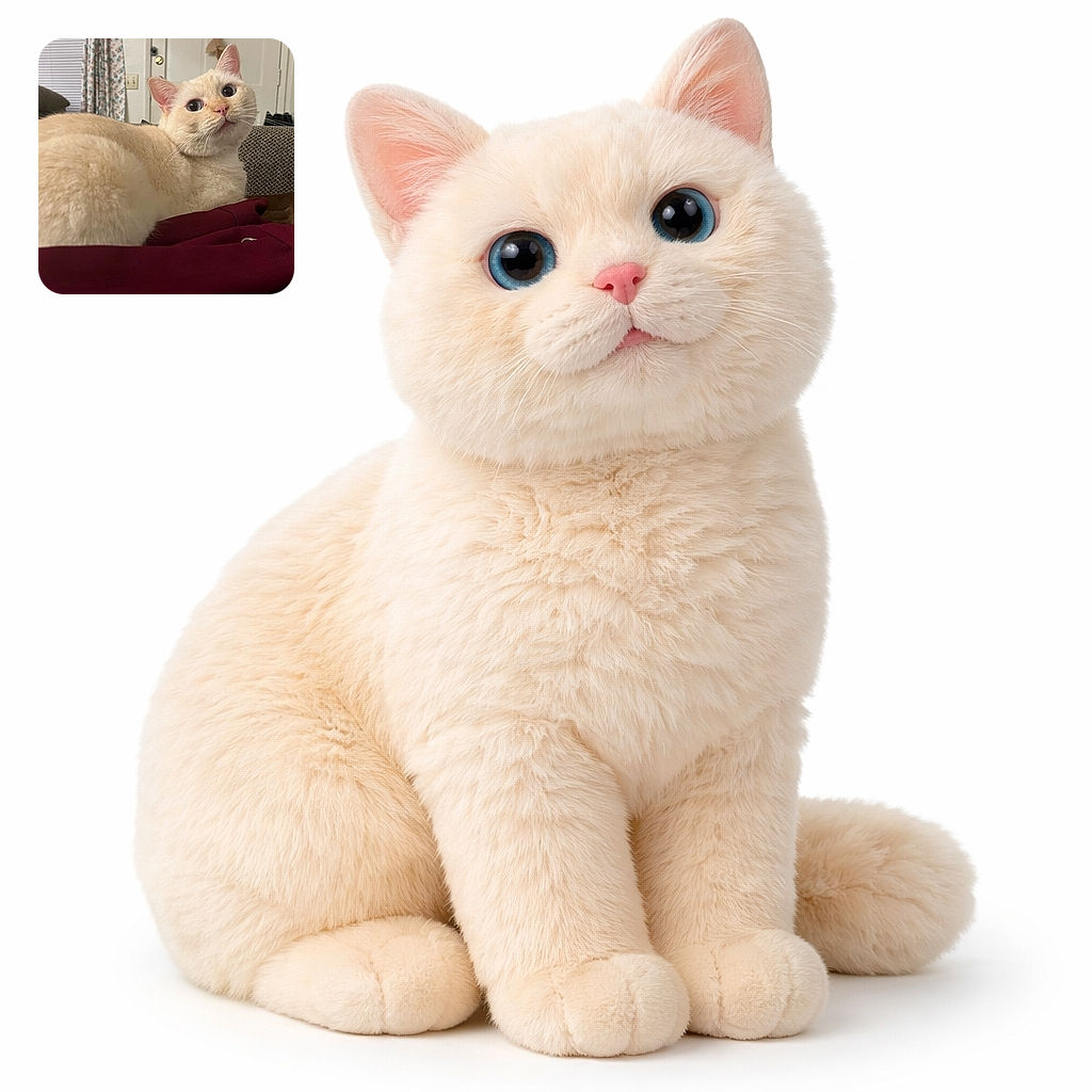A fluffy cream-colored cat is lounging on a couch, looking curiously at the camera with wide eyes. The cozy indoor setting features a patterned curtain, a door in the background, and a maroon fabric in the foreground adding warmth to the scene.