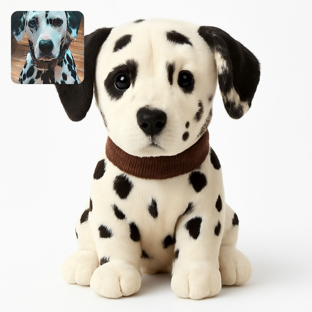A Dalmatian dog with distinctive black spots and a serious expression sits indoors on a wooden floor, wearing a collar and looking directly at the camera as if waiting for a treat or a command.