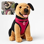 A happy dog wearing a pink harness sits inside a car, tongue out and eyes bright, ready for an adventure. The photo captures the dog's joyful expression with the car interior and a green cap partially visible in the frame.