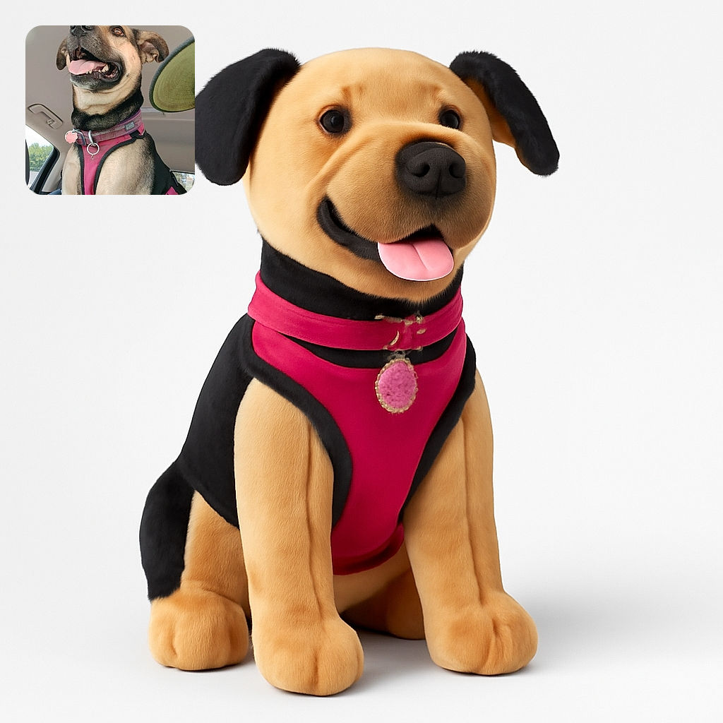 A happy dog wearing a pink harness sits inside a car, tongue out and eyes bright, ready for an adventure. The photo captures the dog's joyful expression with the car interior and a green cap partially visible in the frame.