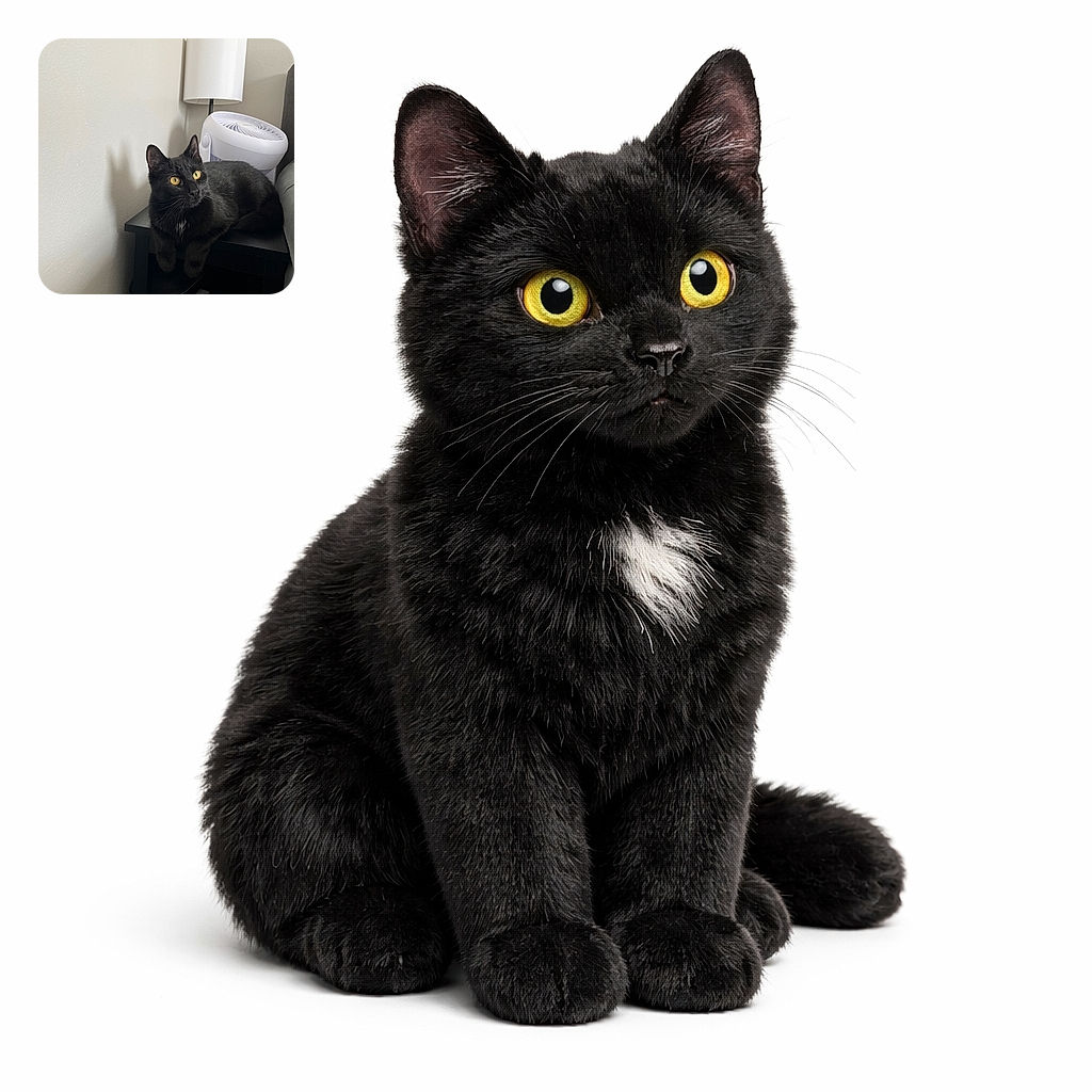 A sleek black cat with striking yellow eyes lounges elegantly on a small black table next to a white fan and lamp, casting a shadow on the plain wall that looks like a mysterious silhouette.