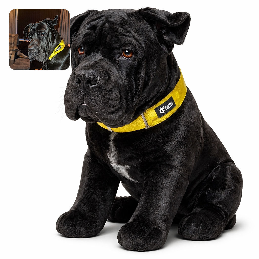 A solemn black dog wearing a bright yellow collar sits on a couch in a cozy room with dim lighting and a window covered by blinds and curtains. The dog's shiny coat and expressive face capture a moment of quiet contemplation.