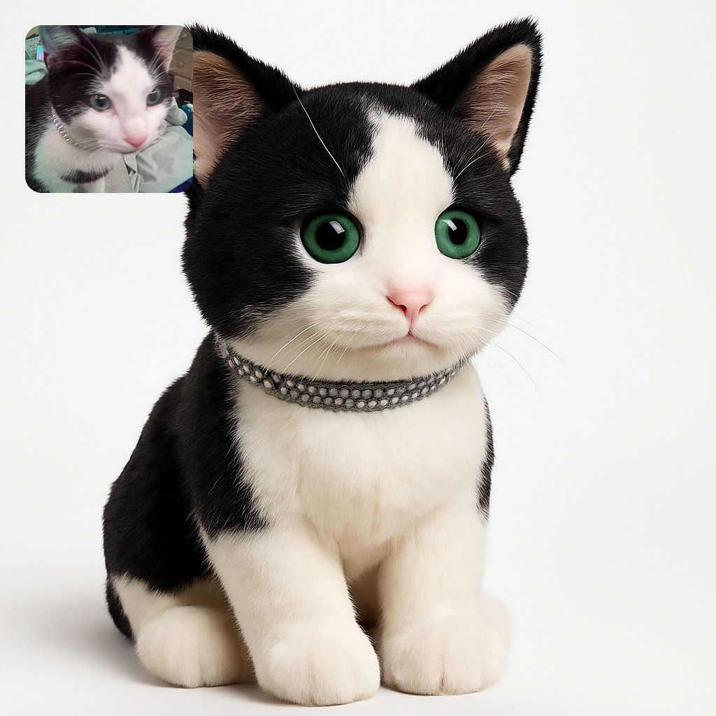 A close-up photo of a curious black and white cat with sparkling collar beads, sitting on a soft surface in a cozy, cluttered room with drawers and various items in the background. The cat's large green eyes are focused on something off-camera, giving it an inquisitive look.