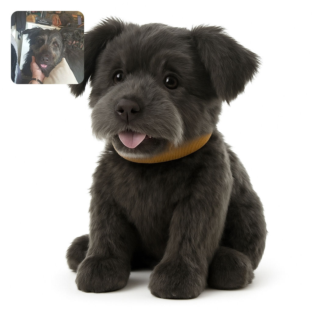 A scruffy black dog with soulful eyes and a slightly sticking-out tongue is being gently held by a tattooed arm, nestled against a soft beige pillow in a cozy indoor setting with various household items in the background.