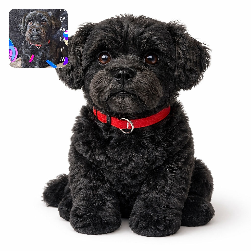 A fluffy black pup stares like a tiny detective perched on a cosy blanket while colorful cartoon stickers and app UI buttons throw a confetti party around its head — clearly judging your phone choices with soulful brown eyes.