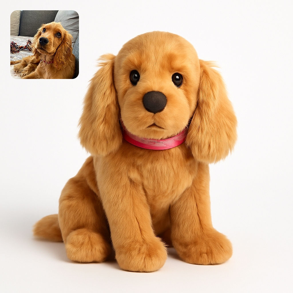 A fluffy golden puppy lounges comfortably on a cozy couch, gazing upwards with soulful eyes. Behind, a colorful rope toy lies on a patterned blanket, adding a playful touch to the warm, inviting scene.