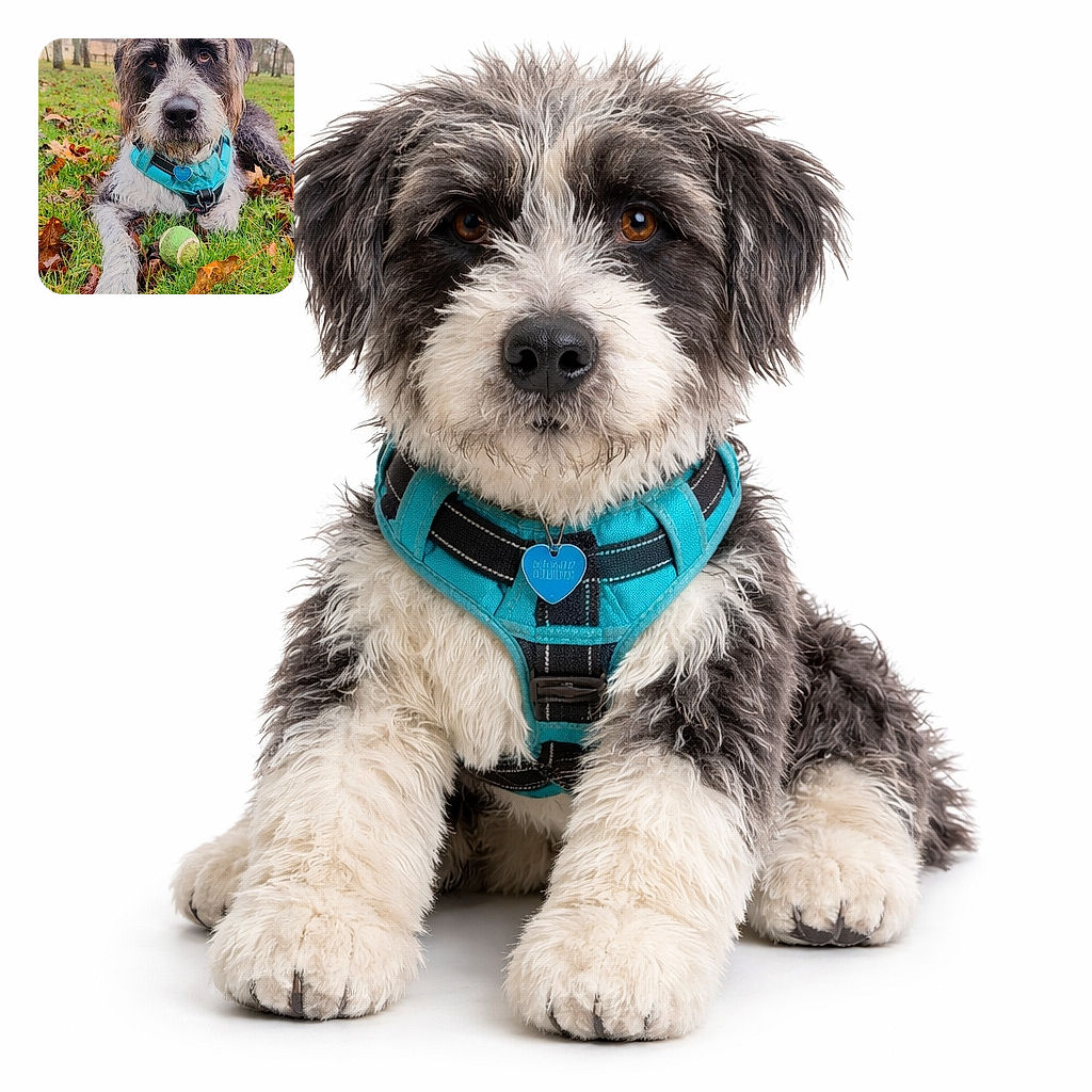 A damp, earnest mutt stares straight into the camera like it just remembered you owe it one more throw — turquoise harness, muddy paws, and a well-loved tennis ball in the foreground, with a soggy park and bare trees blurred in the background.