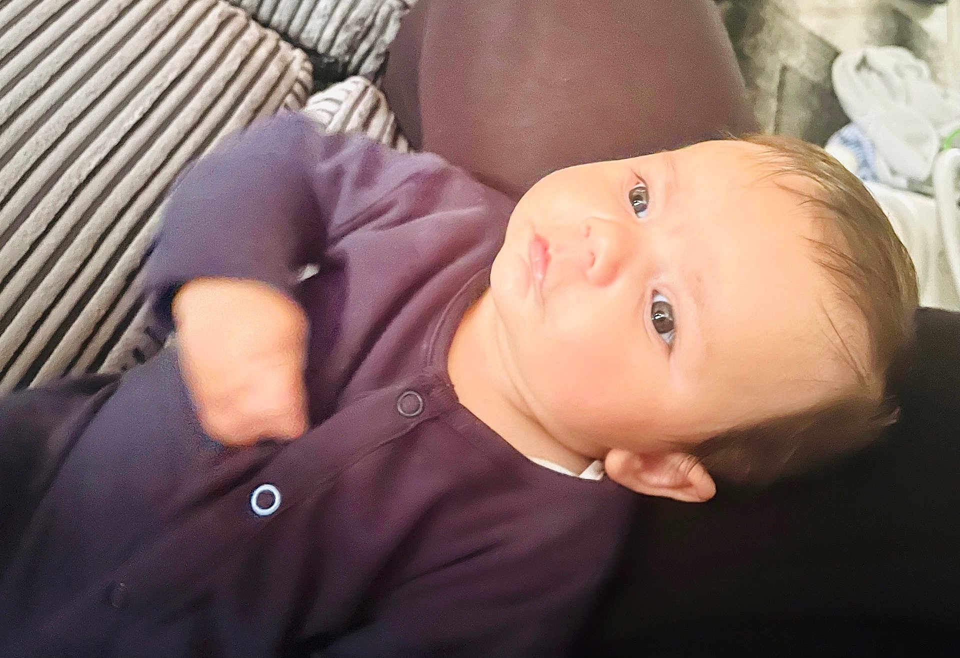Riley joined the competition — help win amazing prizes! baby, infant, child, face, portrait, clothing, purple_outfit, couch, cushion, striped, indoor, person, head, eyes, skin, hair, hand, expression, soft_light, cozy