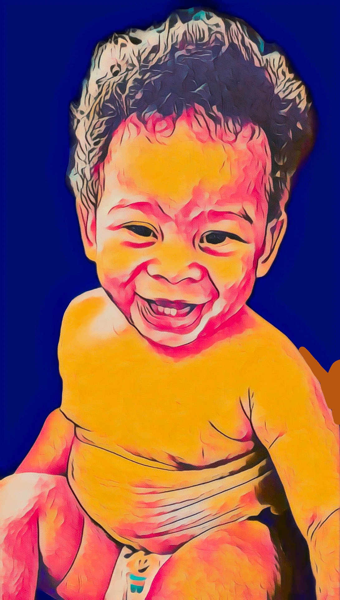 Jaxson is registered to the contest to win money with this photo: baby, child, smiling, curly_hair, diaper, sitting, portrait, colorful, artistic, illustration, happy, cute, infant, young_child, skin, face, expression, background, blue, warm_colors