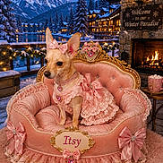 Itsie joined the competition — help win amazing prizes! dog, chihuahua, pink_dress, bow, pet_throne, winter, snow, mountains, fireplace, cozy, lights, decorations, luxury, cute, indoor, outdoor_view, portrait, animal, furry_pet, holiday