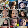 baby, infant, child, smiling, sleeping, blanket, clothing, person, portrait, indoor, car_seat, adult, expression, face, hoodie, toddler, pattern, fabric, collage, cute