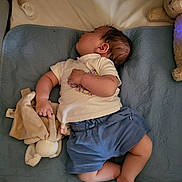 Anabelle Brodin a rejoint le concours — aidez-le/la à gagner de superbes lots ! baby, sleeping, blanket, stuffed_animal, soft_toy, teddy_bear, pacifier, crib, infant, blue_shorts, white_shirt, bed, sleep, child, cute, rest, comfort, indoors, cozy, toddler