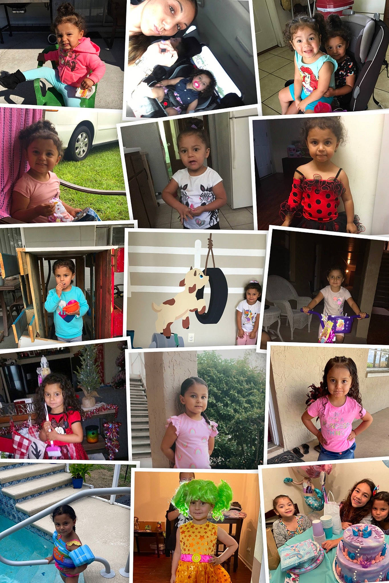 Khloe is registered to the contest to win money with this photo: arm, art, blue, child, clothing, collage, face, facial_expression, green, happy, head, headwear, human, joy, people, person, photograph, pink, purple, red