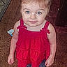 Wednesday is registered to the contest to win money with this photo: baby, barefoot, blue_eyes, brown_hair, carpet, child, cute, facial_expression, fashion, full_body, furniture, indoors, living_room, photography, portrait, red_dress, rug, smiling, standing, toddler