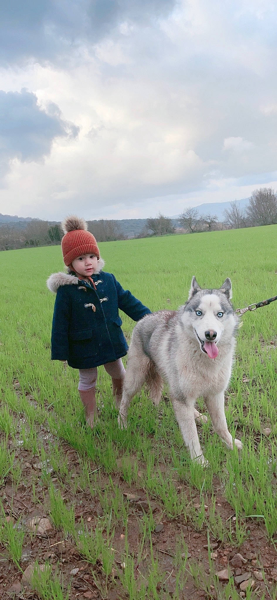 Manon  a rejoint le concours — aidez-le/la à gagner de superbes lots ! canidae, carnivore, cloud, companion_dog, dog, dog_breed, grass, grassland, hat, headwear, mammal, people_in_nature, person, plant, prairie, recreation, sky, sled_dog, toddler, tree