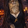 animal, black_dress, candle, cat, celebration, costume, dark, decorations, feline, funny, halloween, holiday, indoors, jack_o_lantern, orange, party, portrait, pumpkin, spooky, wig