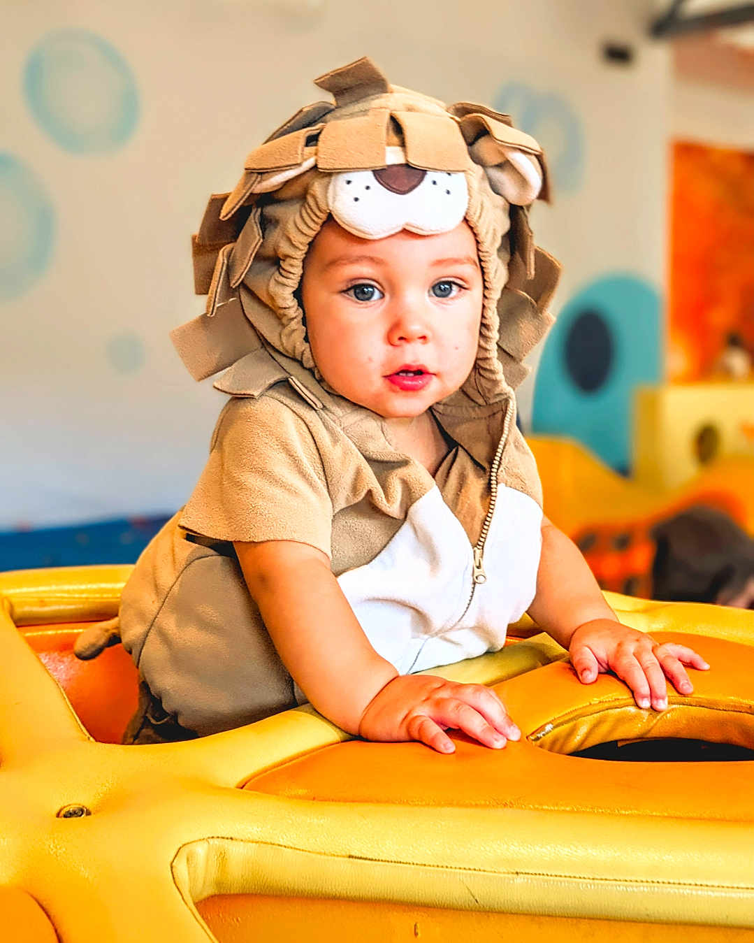 Max is registered to the contest to win money with this photo: toddler, child, costume, lion_costume, indoor, play_area, yellow, curious, baby, cute, portrait, face, hands, soft_toys, playground, young_child, clothing, expression, headwear, colorful_background