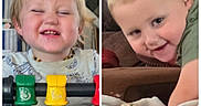 Vincent is registered to the contest to win money with this photo: child, toddler, smile, happy, indoor, toy, blanket, clothing, face, person, furniture, couch, playful, portrait, cute, baby, head, hair, expression, before_after
