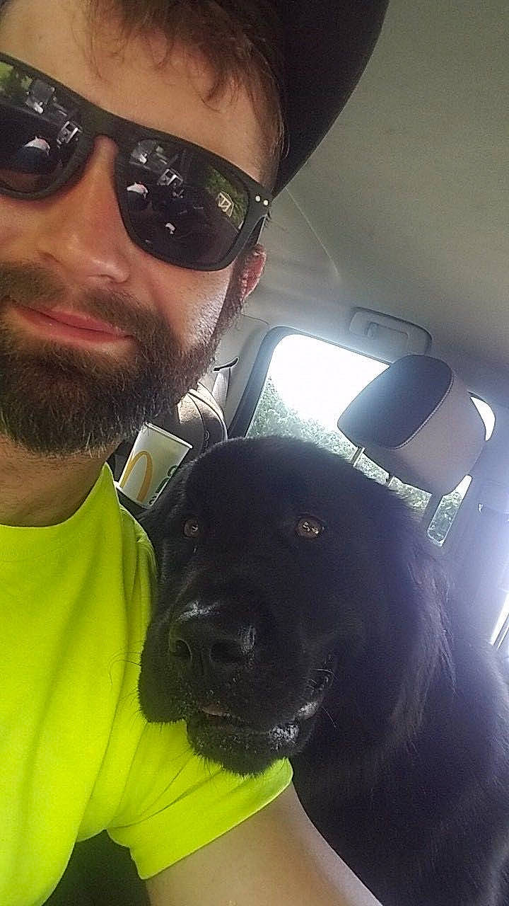 Lady is registered to the contest to win money with this photo: beard, black_hair, canidae, companion_dog, cool, dog, dog_breed, eyewear, facial_hair, glasses, labrador_retriever, nose, personal_protective_equipment, photography, puppy, selfie, snout, sporting_group, sunglasses