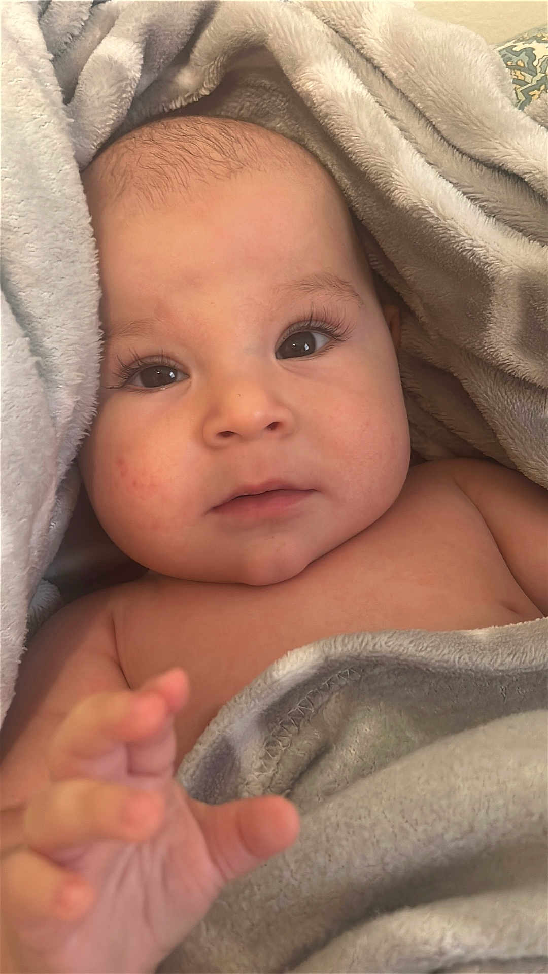 Andrew is registered to the contest to win money with this photo: baby, infant, blanket, soft, hand, face, skin, eyelashes, close_up, cute, child, portrait, newborn, cozy, warm, wrapped, expression, curious, indoors, person