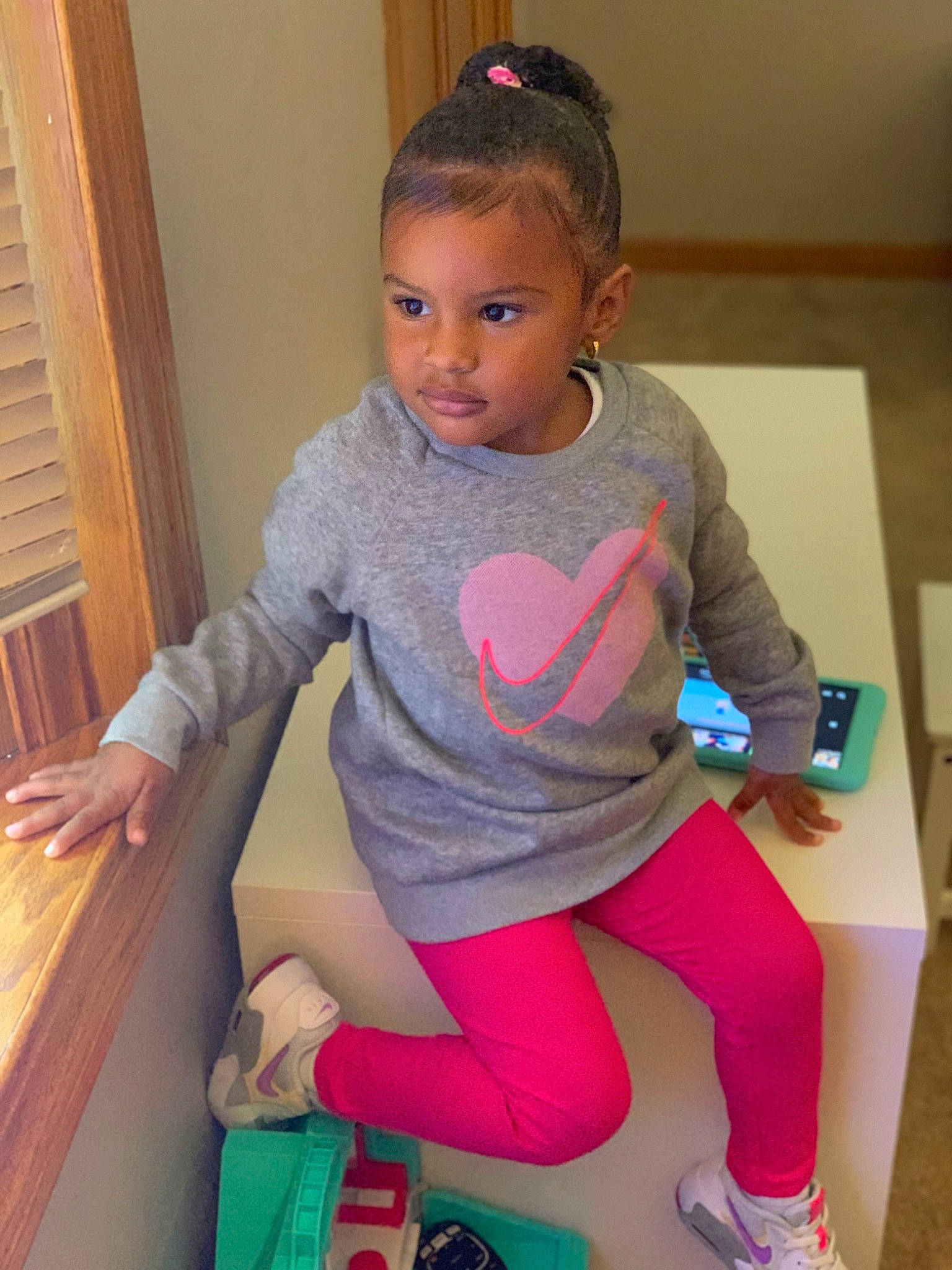 Karsyn joined the competition — help win amazing prizes! baby_toddler_clothing, child, electric_blue, human_leg, joint, knee, leg, long_hair, magenta, neck, pattern, person, shoe, shoulder, sitting, sleeve, sock, sportswear, sunglasses, thigh
