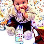 Saniyah joined the competition — help win amazing prizes! baby, cheerful, child, colorful, cozy, crawling, cute, face, floral_pattern, hand, happy, indoors, knitted_clothing, pillow, playful, sitting, smartphone, smiling, toy, young_child