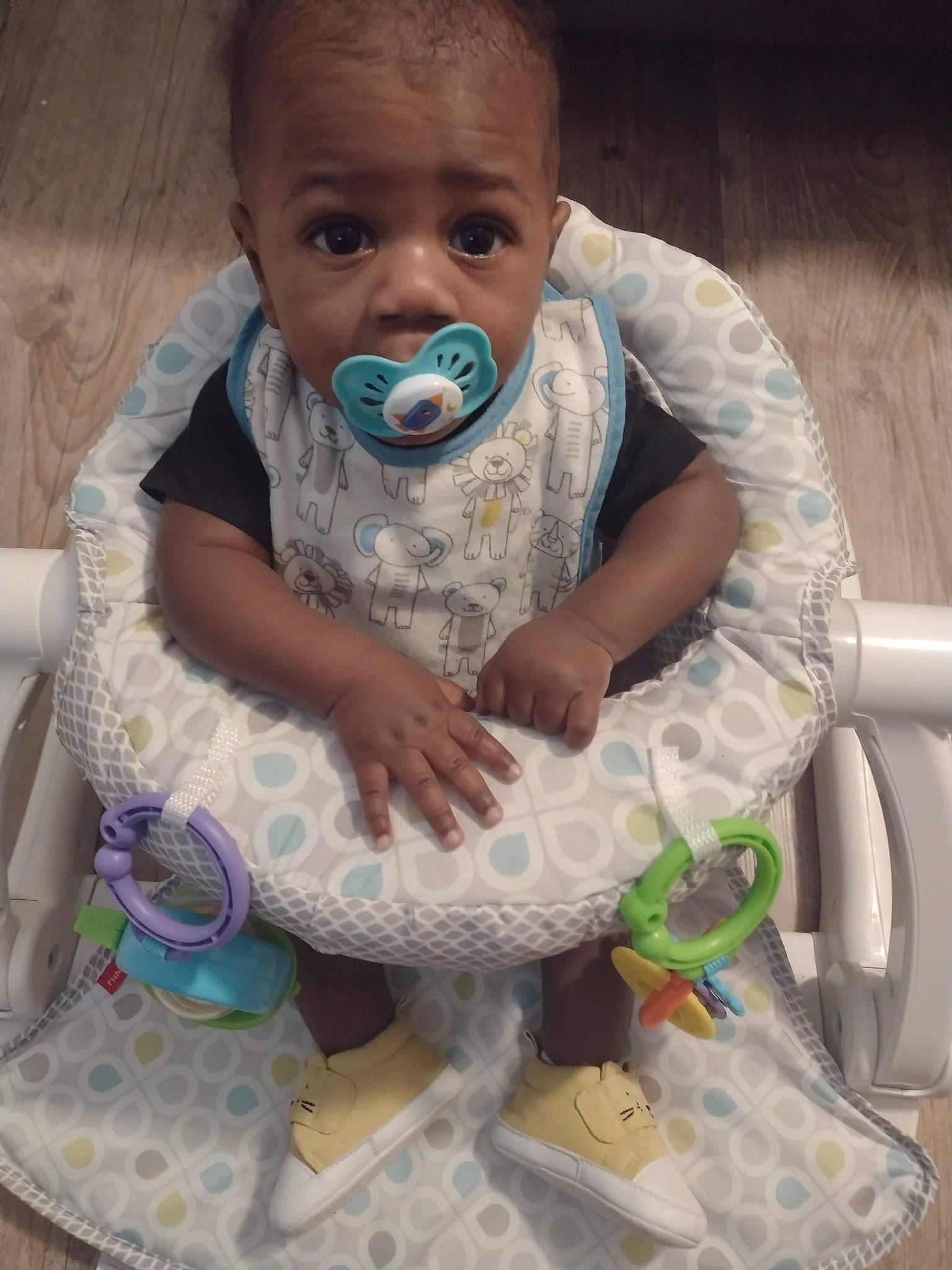 Tyrell joined the competition — help win amazing prizes! arm, baby, baby_toddler_clothing, bib, chair, cheek, child, dress, eye, eyelash, face, hand, happy, head, iris, person, product, skin, sleeve, textile