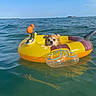 animal, beach, blue_sky, calm, cute, dog, floating, fun, inflatable_float, leisure, ocean, outdoor, pet, relaxation, sea, summer, sunny, vacation, water, yellow