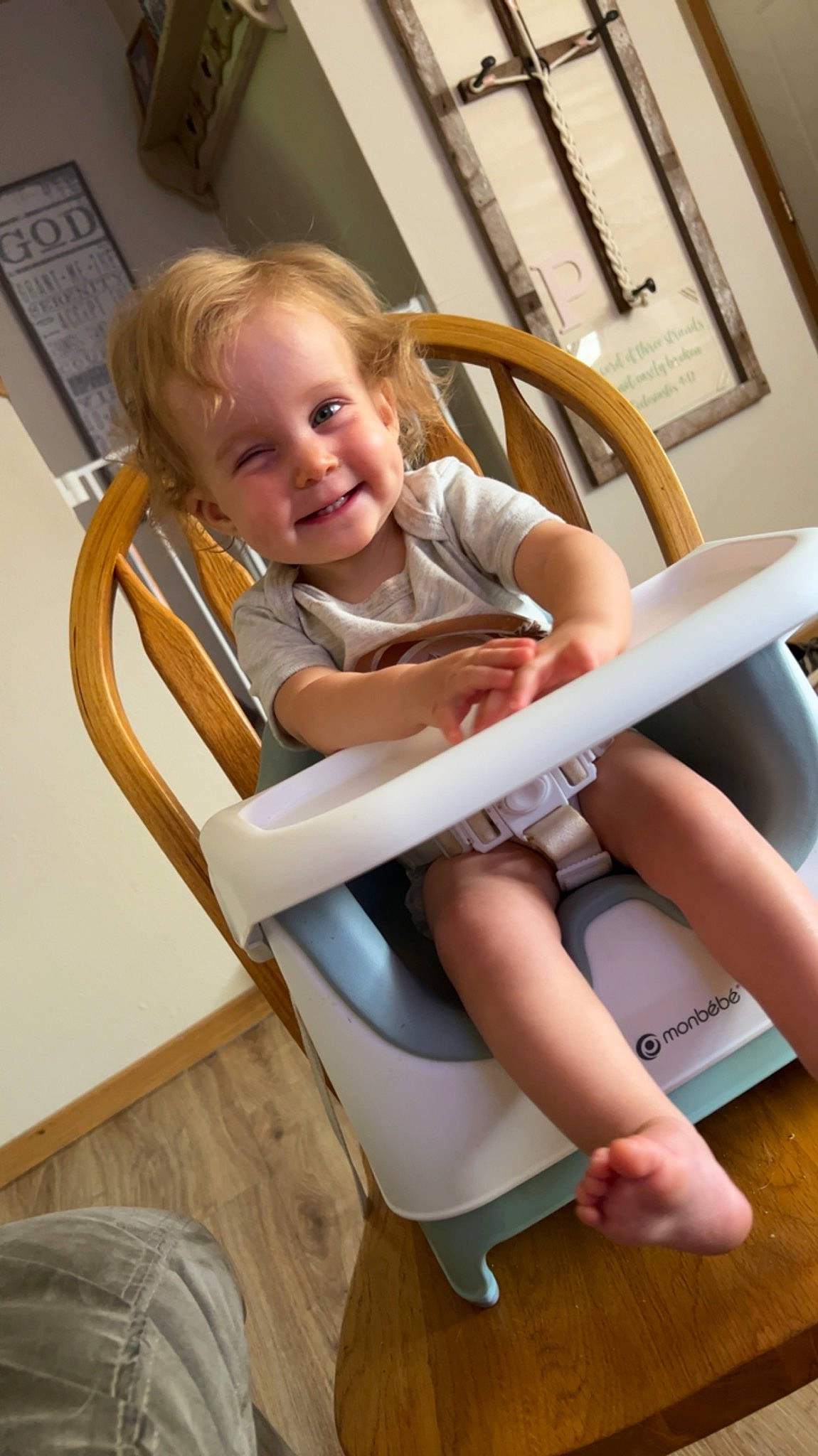 Hallie is registered to the contest to win money with this photo: baby_toddler_clothing, blond, child, comfort, computer_keyboard, elbow, flooring, foot, fun, happy, hardwood, human_leg, joy, knee, leisure, person, shoulder, sitting, smile, thigh