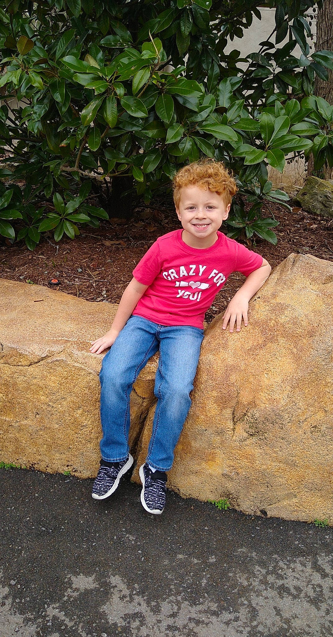 Coleton joined the competition — help win amazing prizes! child, denim, electric_blue, fun, garden, grass, happy, jeans, joy, leg, leisure, people_in_nature, person, plant, portrait_photography, rock, sandal, sitting, soil, t_shirt