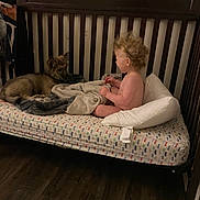 Scar joined the competition — help win amazing prizes! bedroom, blanket, child, cozy, crib, curious, curly_hair, dog, floor, furniture, indoor, infant, interaction, mattress, pet, puppy, sitting, soft_lighting, toddler, wooden_crib