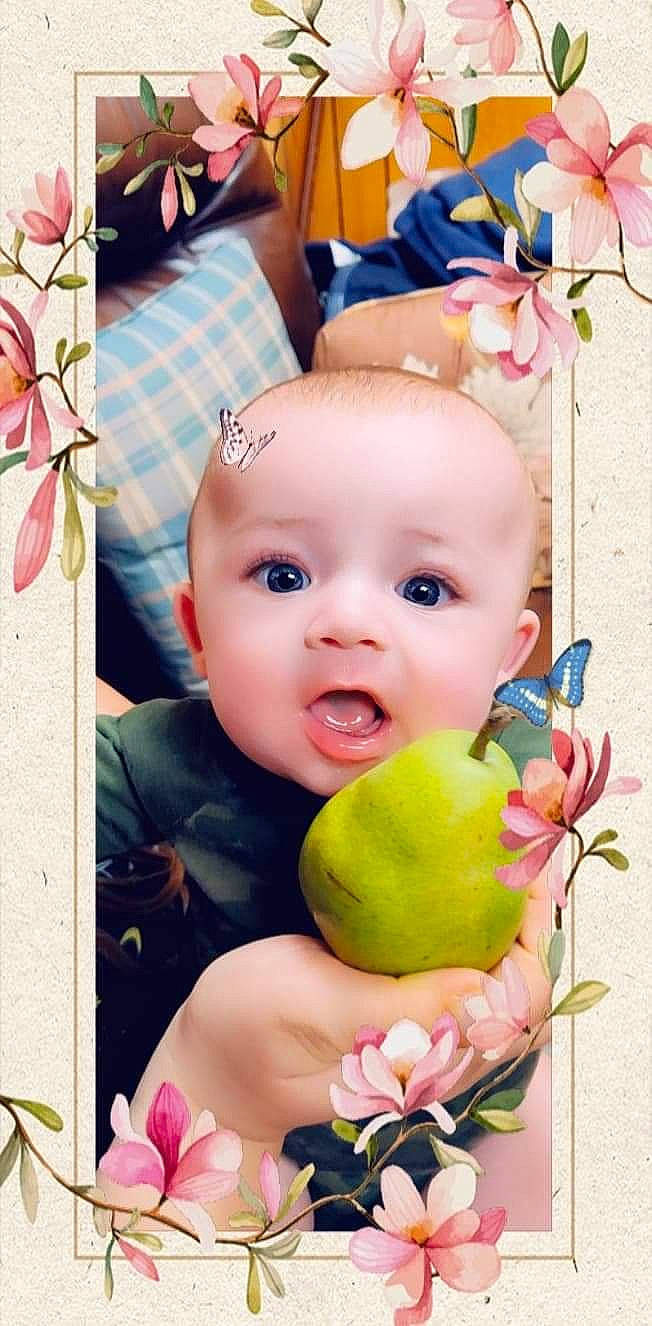 Joey joined the competition — help win amazing prizes! baby, baby_toddler_clothing, beauty, cheek, child, face, fruit, happy, head, nose, person, photograph, pink, plant, product, skin, smile, snapshot, surprise, textile