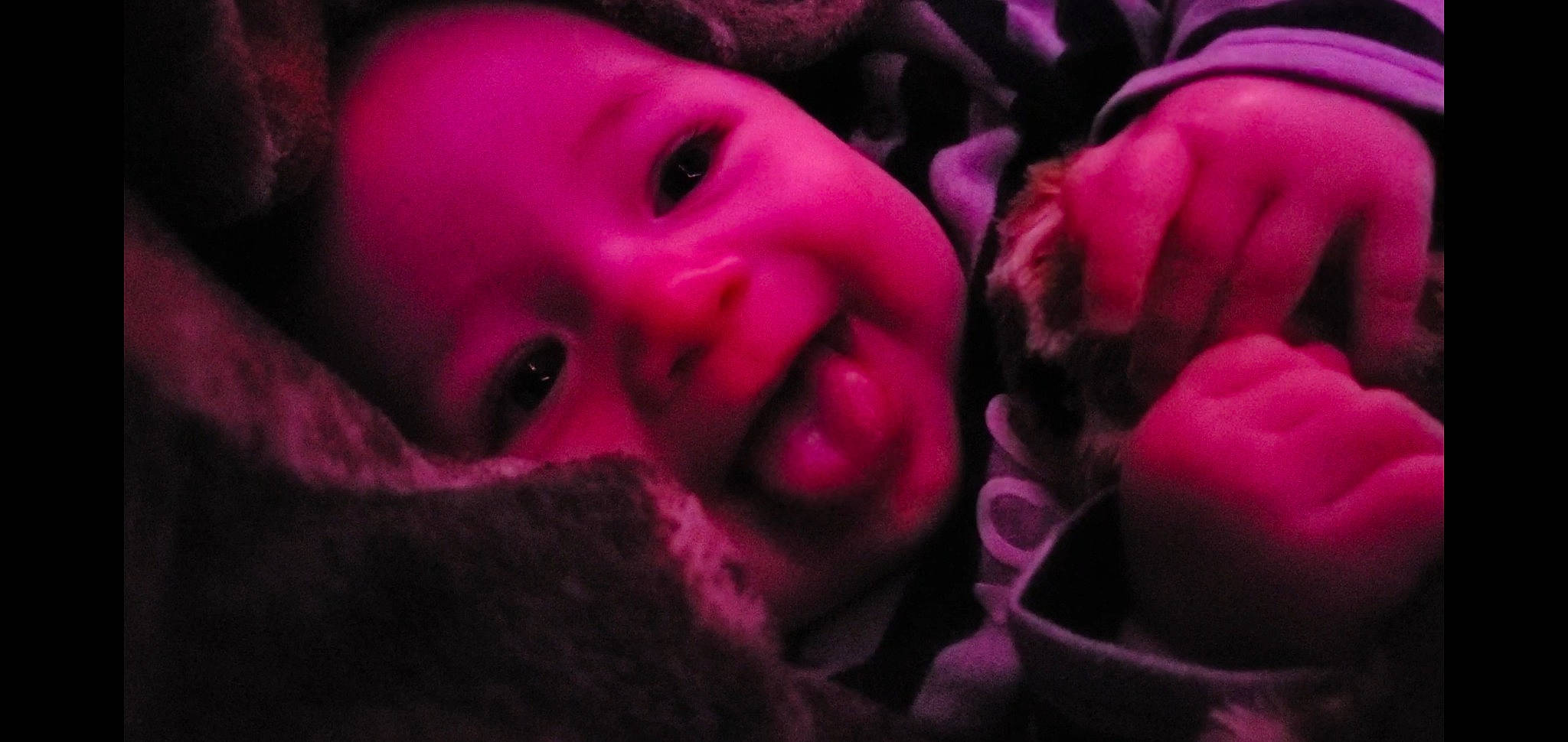 Joey is registered to the contest to win money with this photo: baby, ear, eye, eyebrow, finger, flash_photography, gesture, hand, happy, head, human_body, iris, lip, mammal, mouth, person, pink, plant, purple, skin