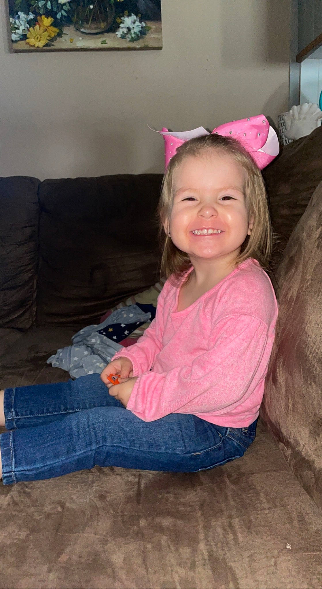 Aeverie joined the competition — help win amazing prizes! cheek, child, clothing, comfort, couch, denim, flooring, fun, happy, jeans, joy, lap, laugh, long_hair, magenta, person, sitting, skin, smile, toddler