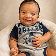 Ivan is registered to the contest to win money with this photo: baby, smiling, infant, child, onesie, dallas_cowboys, blue, gray, sitting, cute, happy, portrait, indoor, soft_texture, cozy, plush, hand, face, head, young