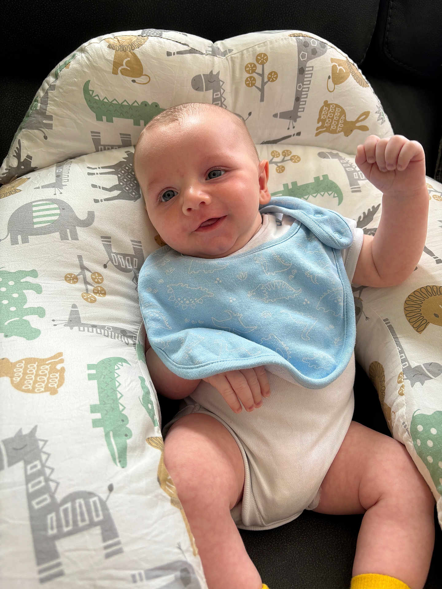 Jasper is registered to the contest to win money with this photo: baby, infant, smiling, cushion, animal_prints, blue_bib, white_onesie, raised_arm, happy, cute, indoors, child, soft_fabric, seated, plush, comfort, skin, face, expression, young