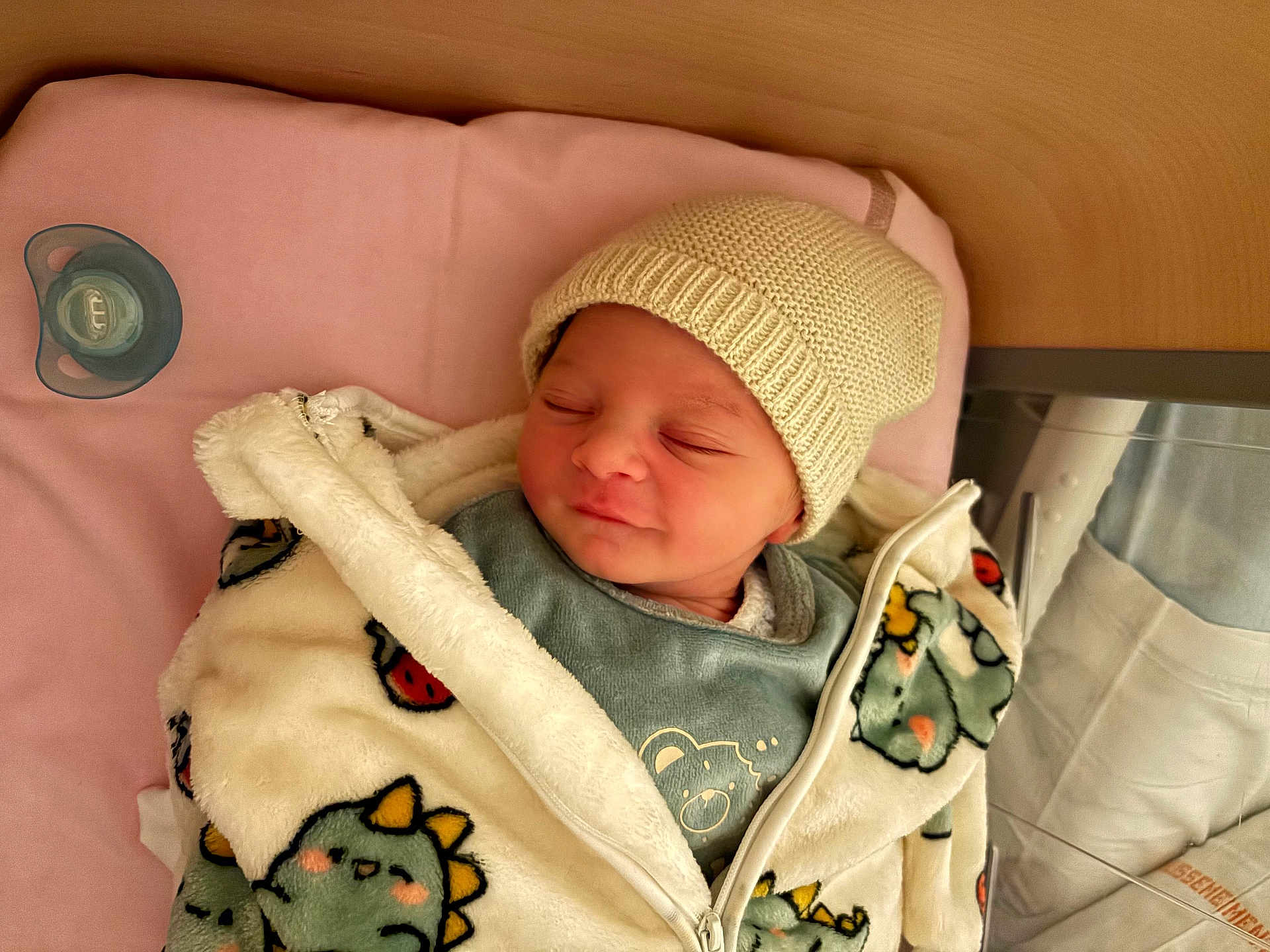 Marley participe au concours pour gagner de l'argent avec cette photo : newborn, baby, sleeping, blanket, knitted_hat, pacifier, bed, soft, cute, cozy, infant, dinosaur_pattern, child, resting, wrapped, pink, clothing, portrait, indoors, peaceful