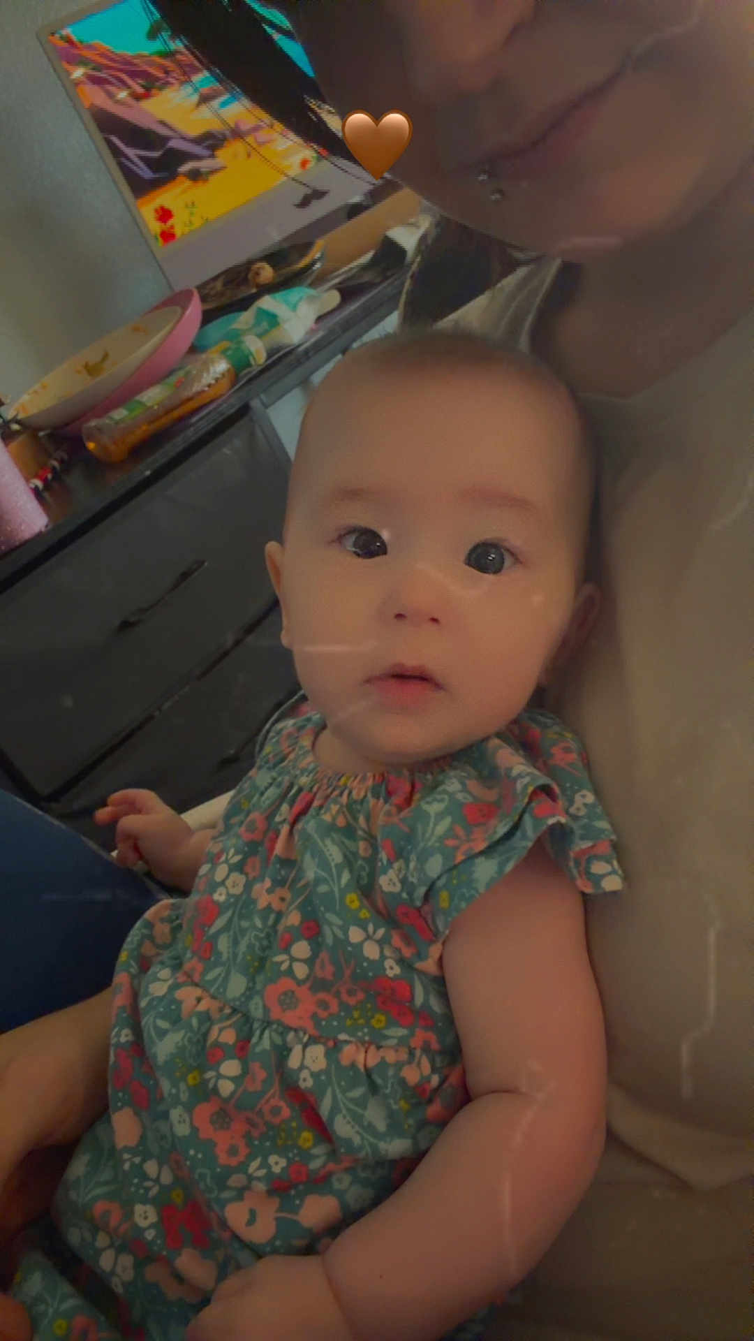 Alina joined the competition — help win amazing prizes! baby, child, adult, person, face, clothing, floral_dress, piercing, indoor, furniture, dresser, poster, curious, holding, portrait, skin, arm, hand, closeup, casual