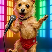 Stella Luna is registered to the contest to win money with this photo: dog, microphone, red_clothing, stage, colorful_lights, neon_lights, happy, performer, singing, puppy, pet, entertainment, studio, brown_fur, collar, cute, dancing, playful, animal, front_view