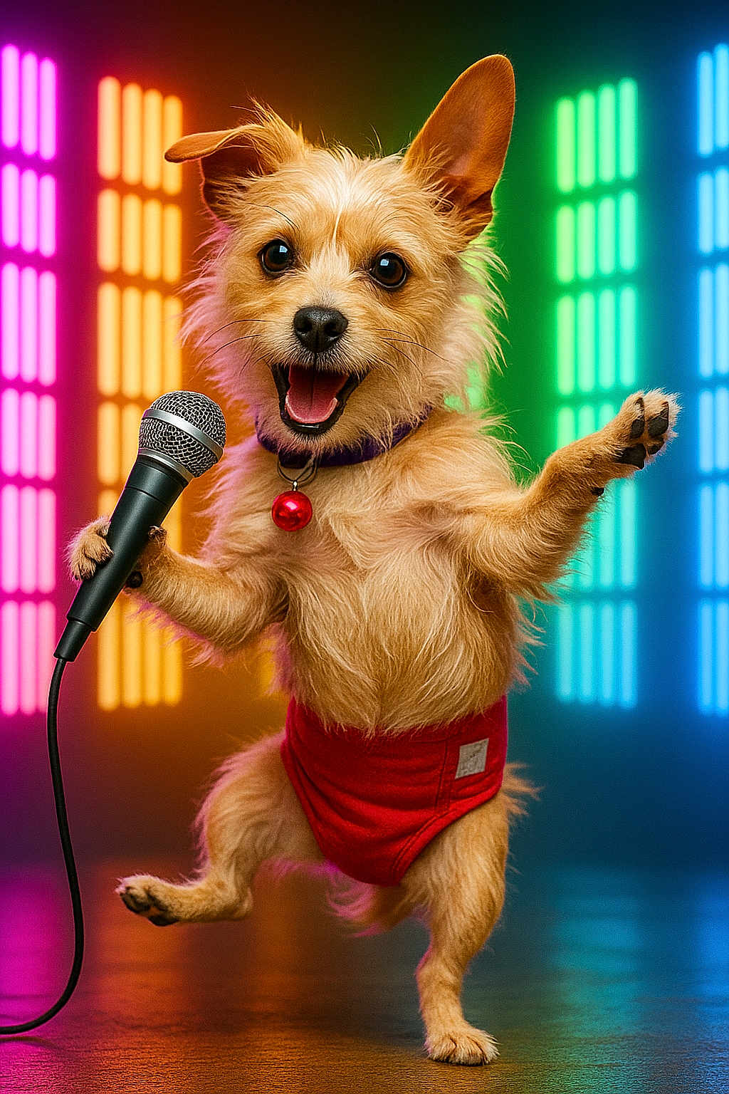 Stella Luna is registered to the contest to win money with this photo: dog, microphone, red_clothing, stage, colorful_lights, neon_lights, happy, performer, singing, puppy, pet, entertainment, studio, brown_fur, collar, cute, dancing, playful, animal, front_view