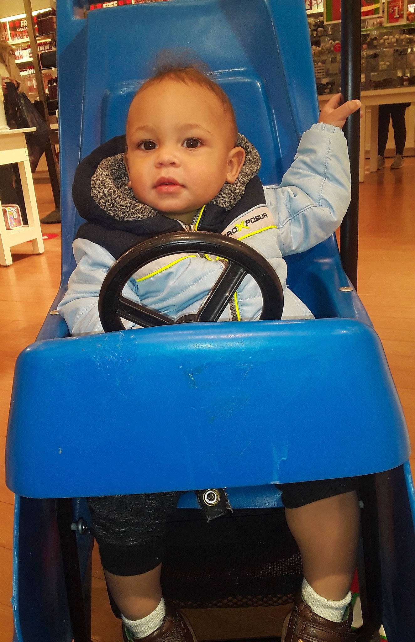 Brenden joined the competition — help win amazing prizes! baby, baby_carriage, baby_safety, baby_toddler_clothing, black, blue, child, electric_blue, fun, hairstyle, person, photograph, product, skin, standing, thigh, toddler, travel, waist, white