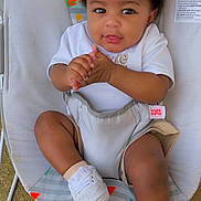Seth Williams is registered to the contest to win money with this photo: baby, child, cap, white_shoes, sneakers, baby_rocker, clapping_hands, playful, curious, animal_print, seated, shorts, white_tshirt, outdoor, colorful, infant, smiling, cute, happy, young_child