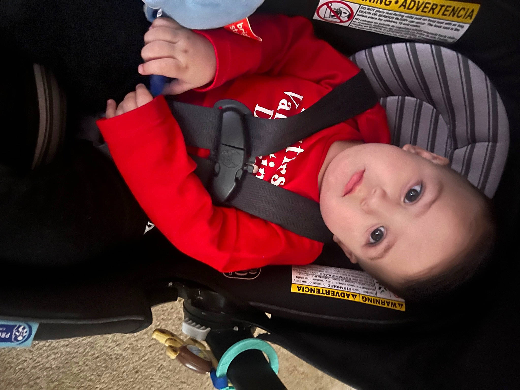 David is registered to the contest to win money with this photo: auto_part, automotive_design, automotive_tire, automotive_wheel_system, baby, baby_toddler_clothing, carmine, child, comfort, elbow, flash_photography, font, fun, hat, helmet, person, personal_protective_equipment, sitting, sleeve, t_shirt